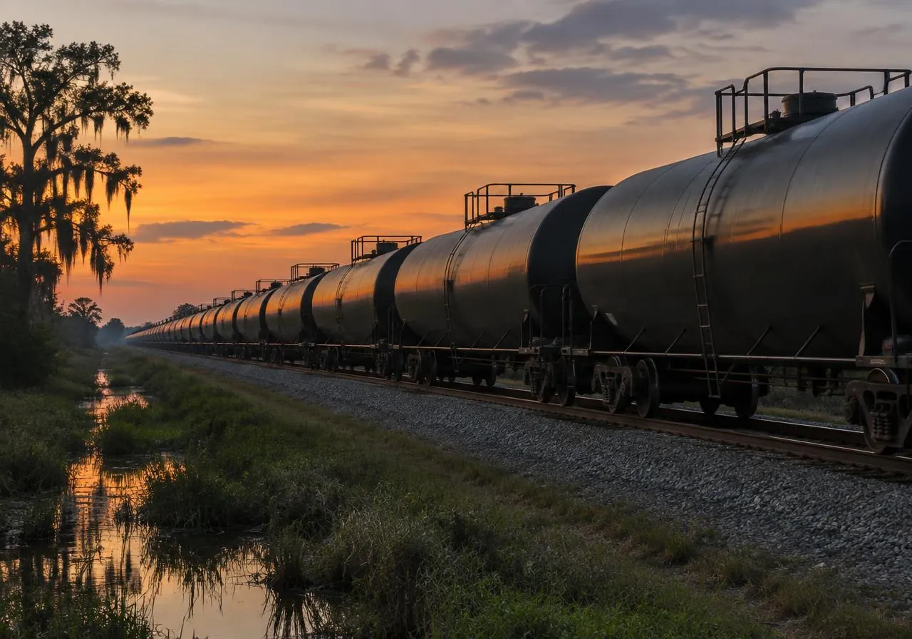 Tank railcars on a rural rail line